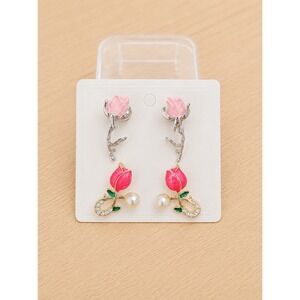 2 Pairs Pink Rose Flower Earrings Silver & Gold Tone Rhinestone Pearl Floral